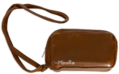 Moe Howard's Handwritten Luggage Tag & His Minolta-16 Miniature Camera, in Brown Leather Case -- Leather Tag Measures 3.75'' x 2'', Cased Camera Measures 4'' x 2'' -- Very Good